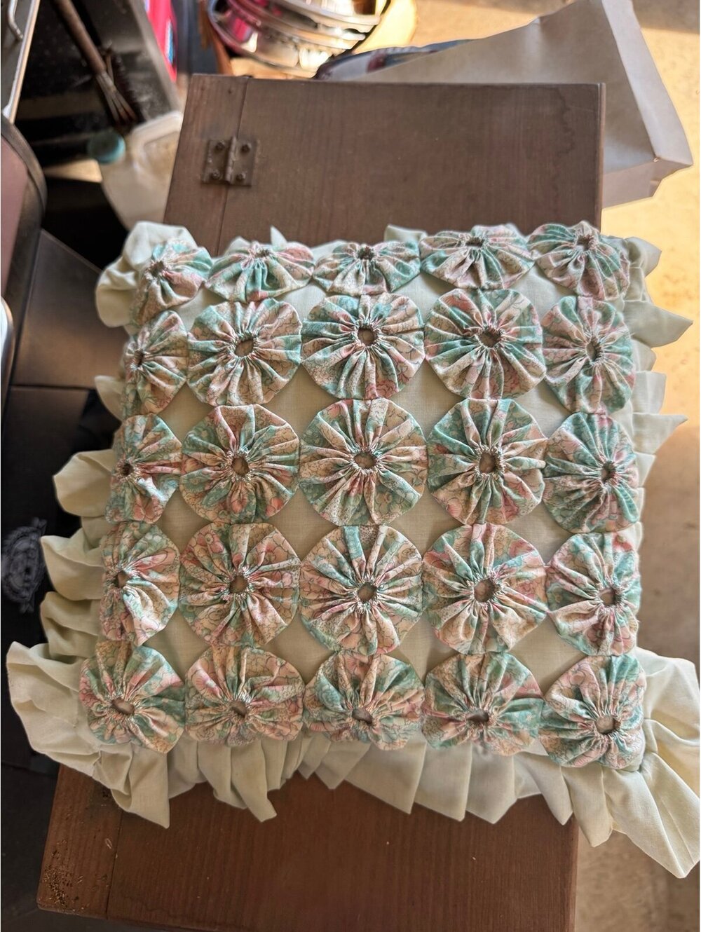 Vintage Handmade Yo Yo Pinwheel Pastel Pillow
